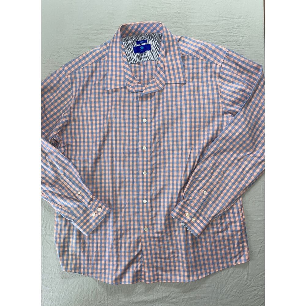 Egara Slim Fit Non-Iron Long Sleeve Button Front Sport Shirt. Blue/Peach, 2XL.